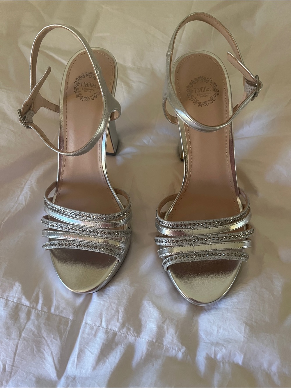 IMiller Silver Rhinestone Strappy Block Heel Sandals